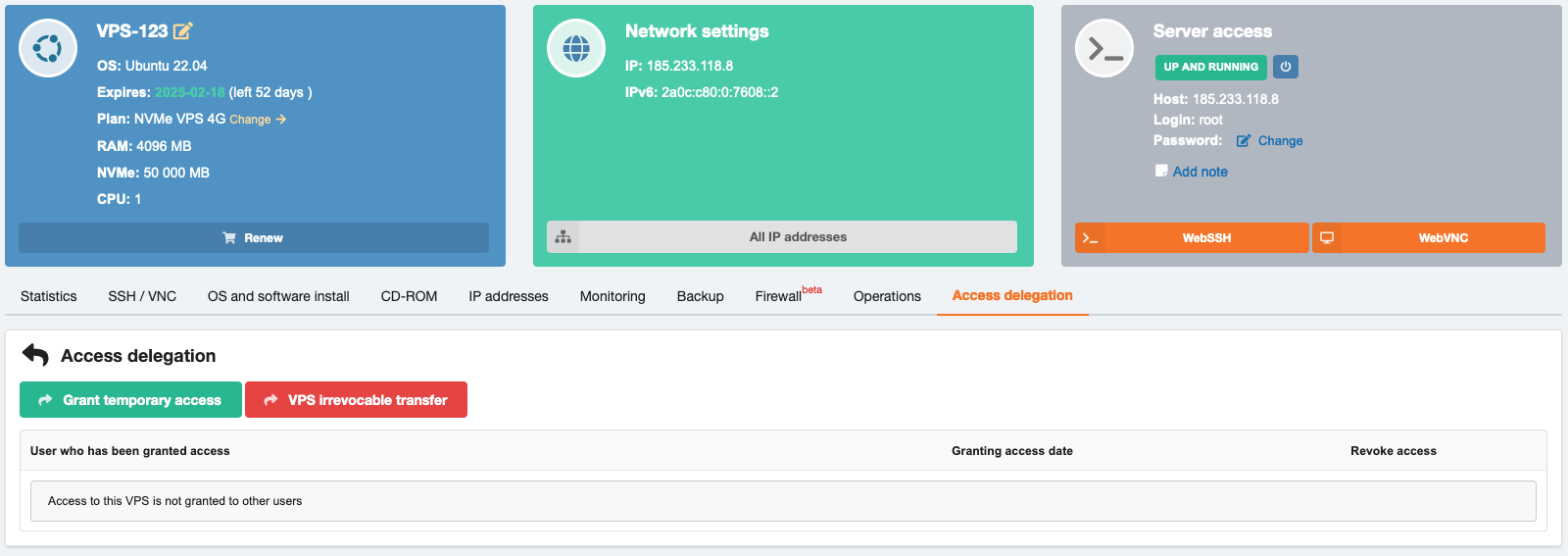 Panou de control VPS — Delegarea accesului