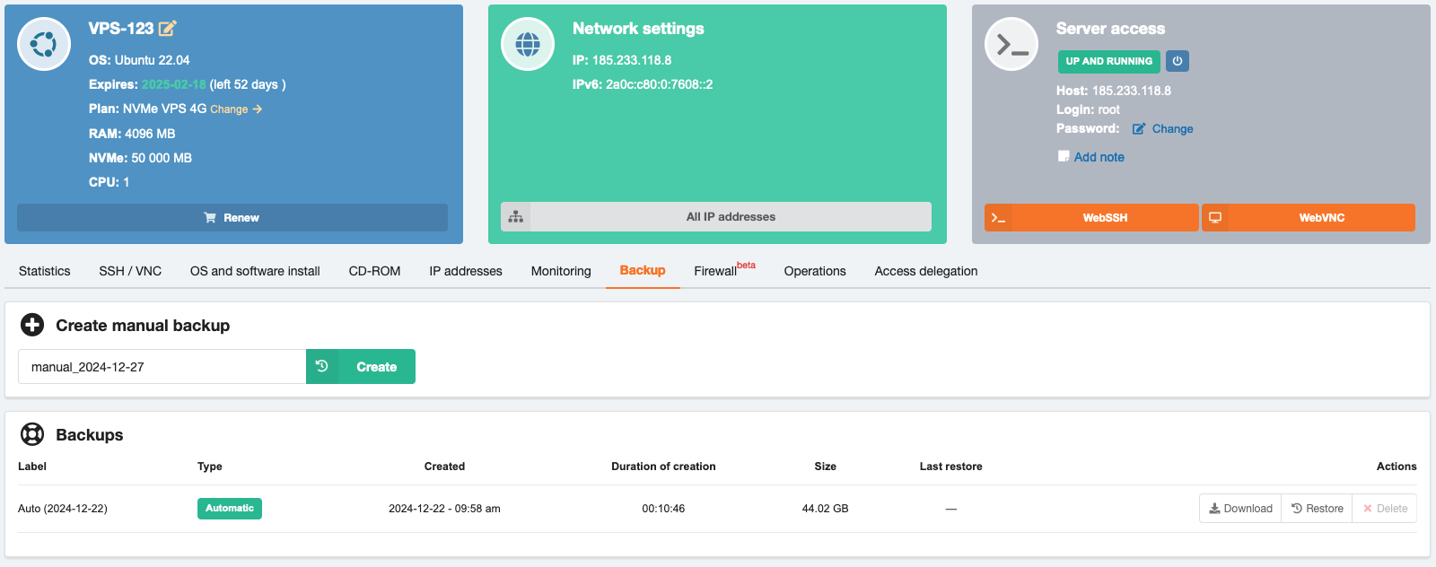 Panou de control VPS — Backup-uri