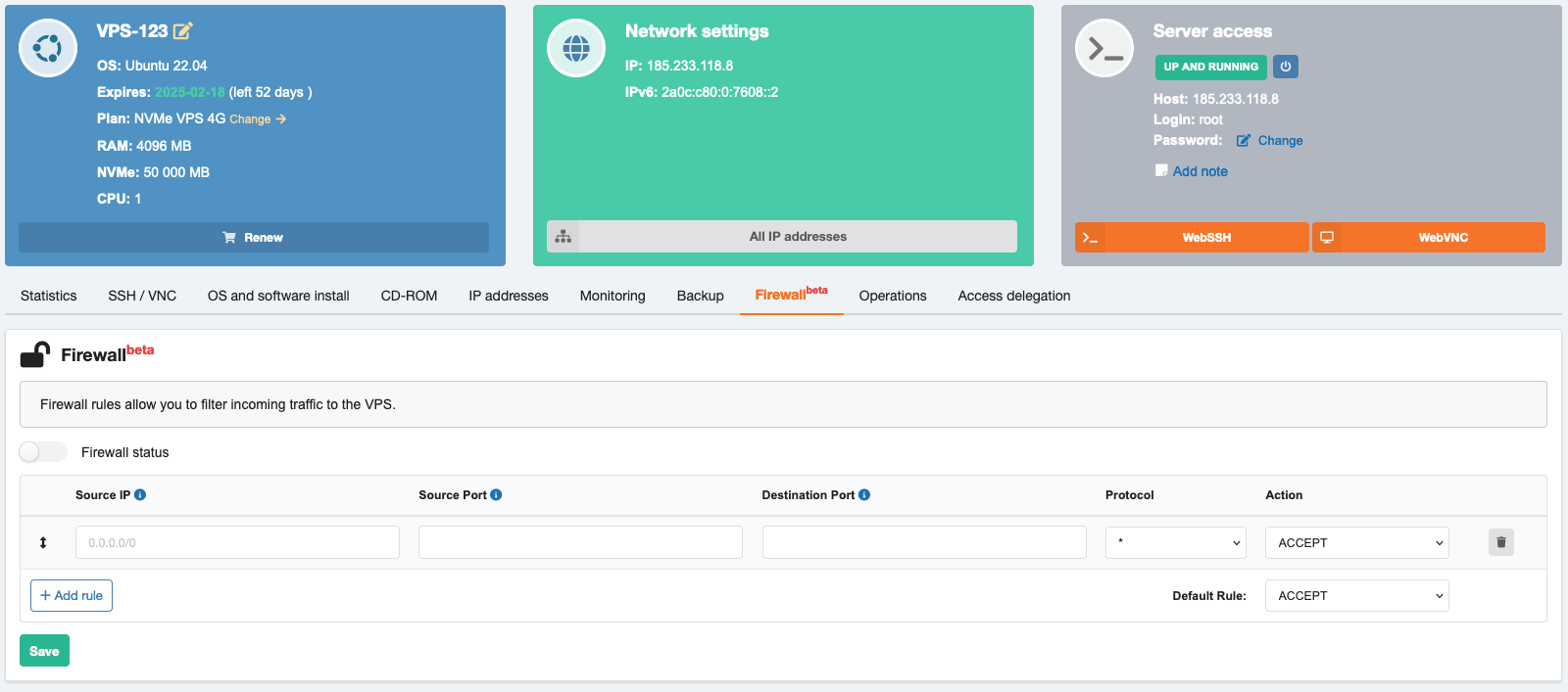 Panou de control VPS — Firewall