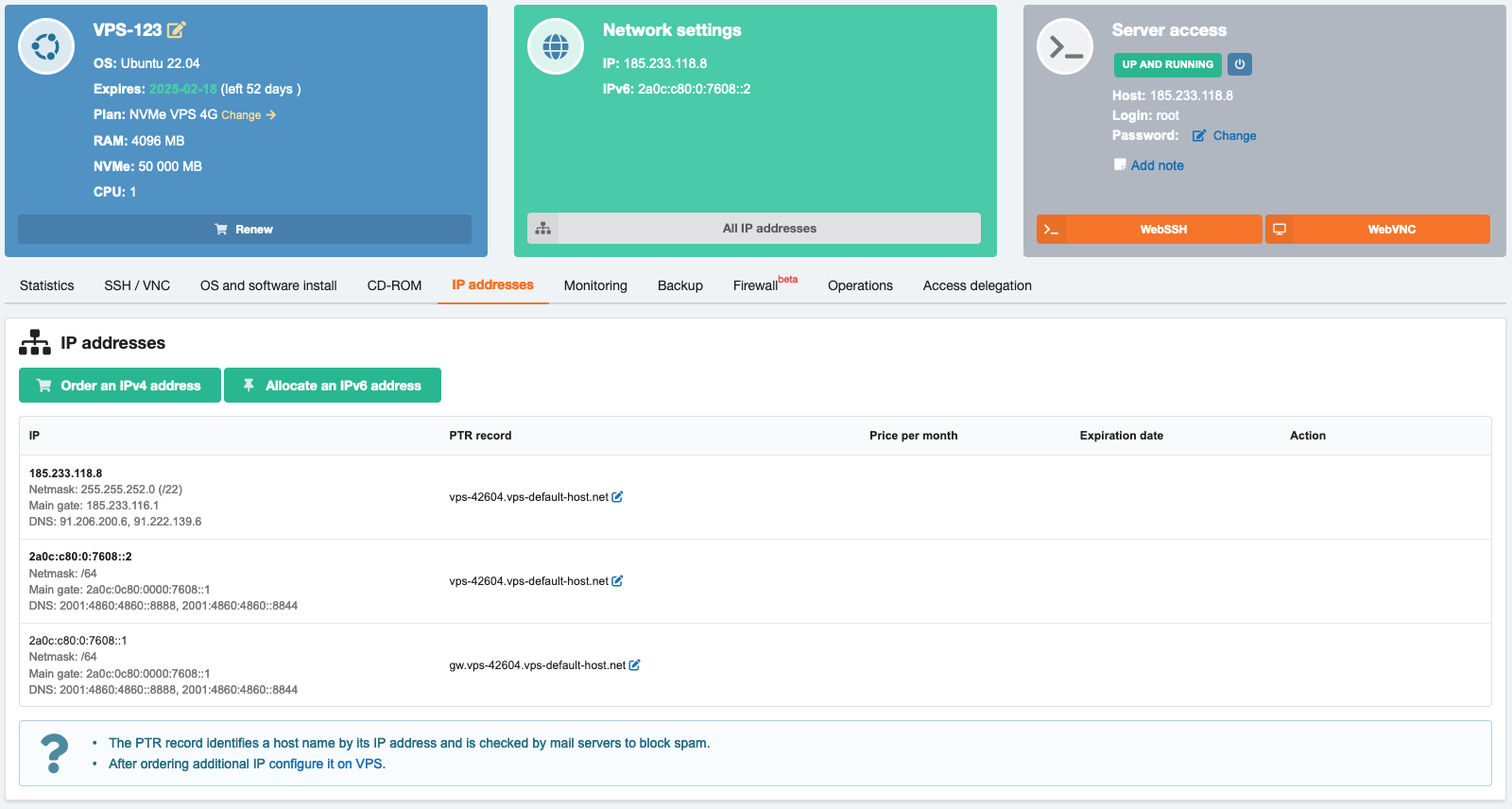 Panou de control VPS — Adrese IP