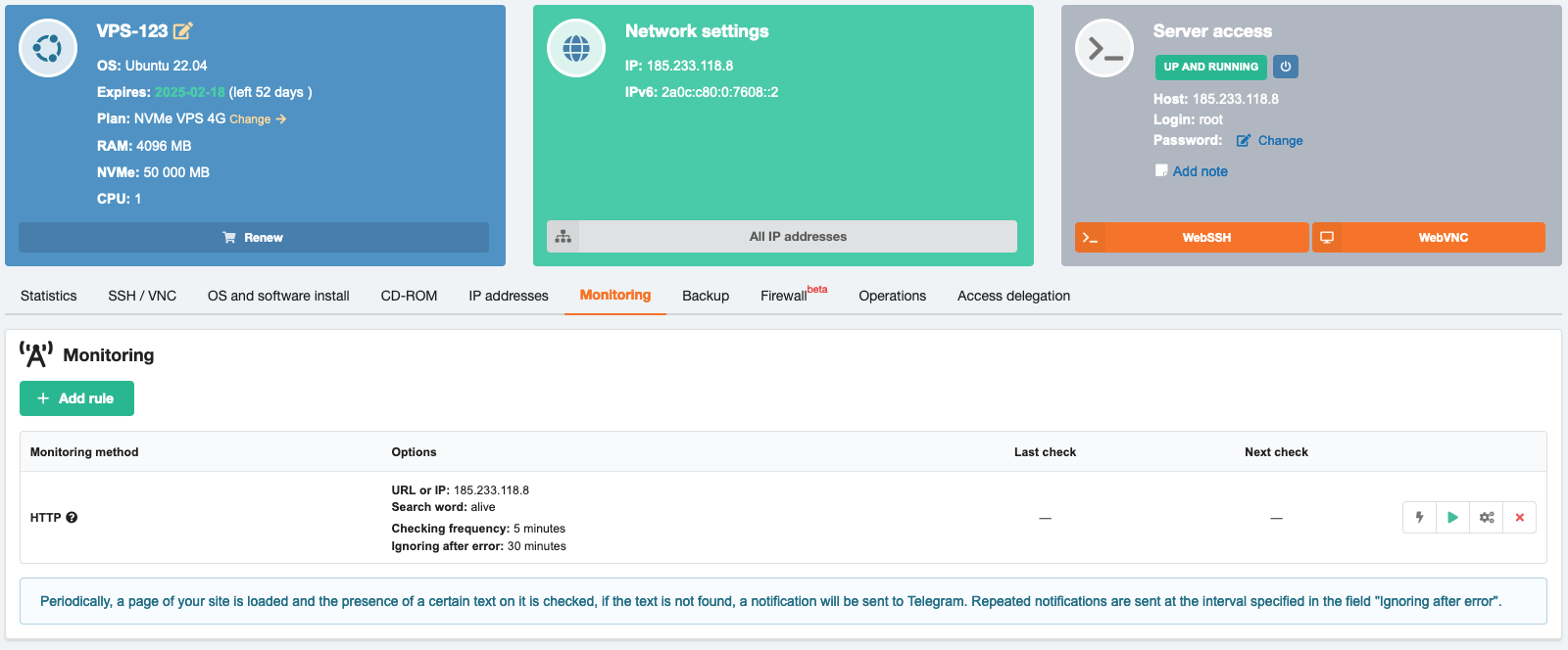 Panou de control VPS — Monitorizare
