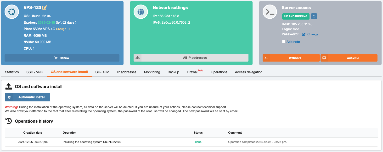 Panou de control VPS — Instalarea sistemului de operare și a software-ului