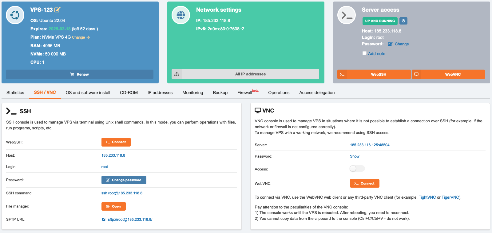 Panou de control VPS — SSH